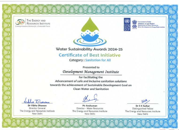 Certificate of Best Initiative, Water Sustainability Awards 2024–25, category Sanitation for All, presented to Development Management Institute